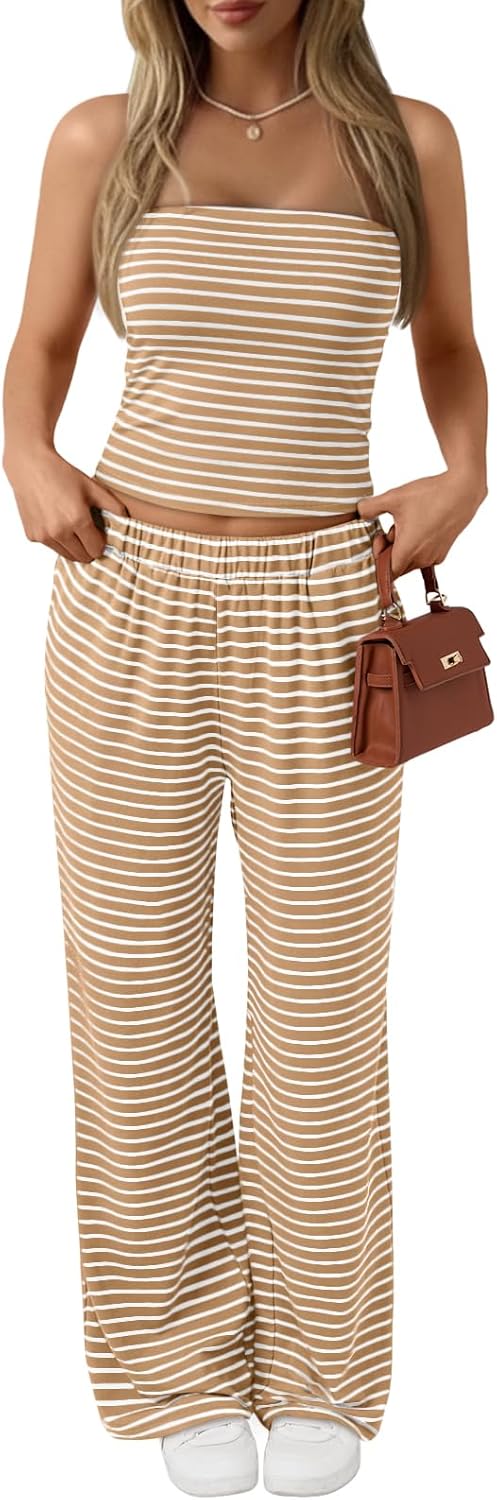 Trendy Queen Womens 2 Piece Lounge Sets Matching Summer Beach Vacation Outfits 2026 Striped Tube Tops Pants Travel Clothes