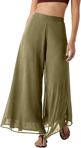 Womens Flowy Pants Baggy Chiffon Wide Leg Dress Flowy Gaucho High Waisted Pants 