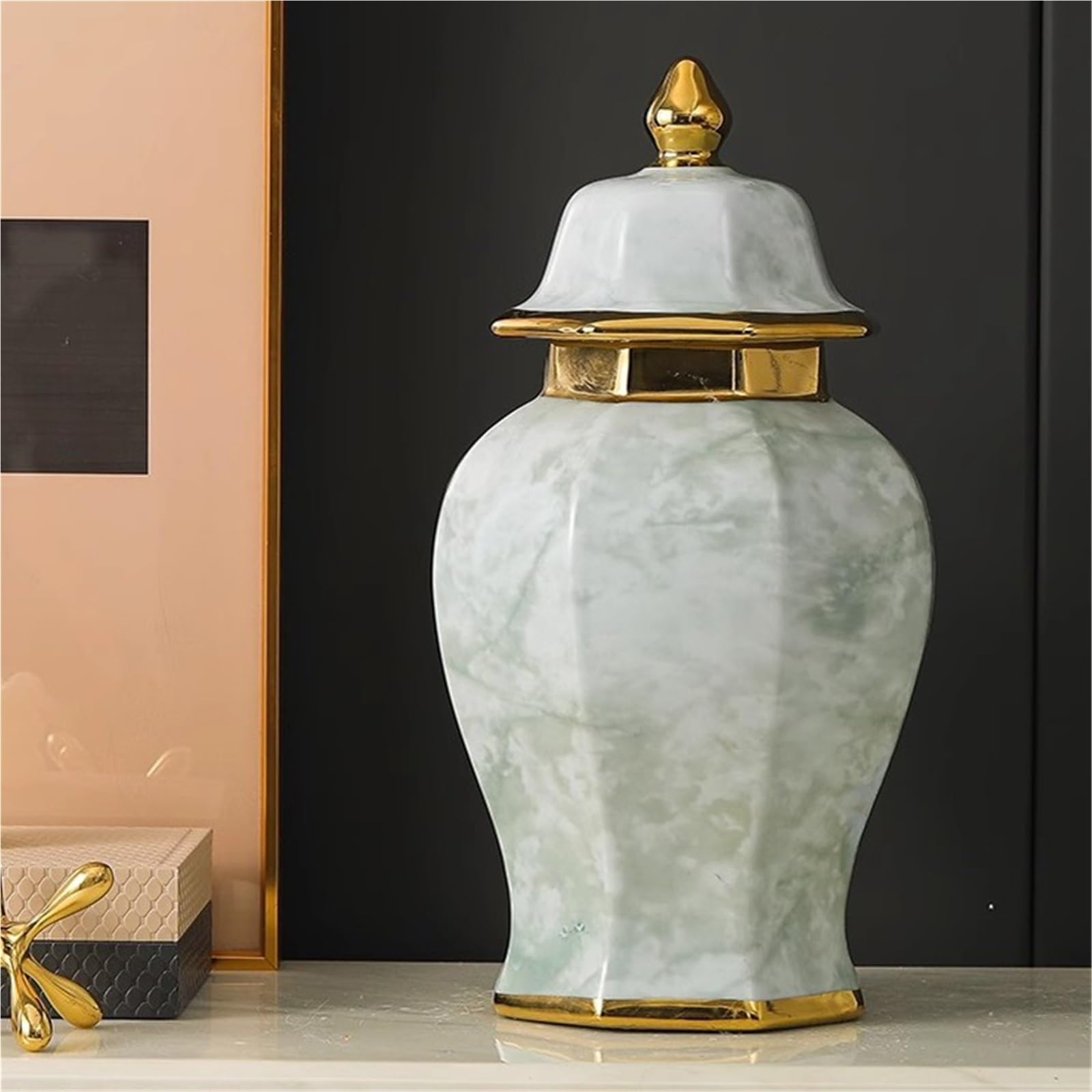 Ceramiczny wazon na imbir, ozdoby do pokoju biurowego, dekoracja willi w stylu Jingdezhen, nowoczesny(Green,L)
