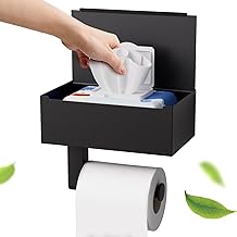 Toilettenpapierhalter Schwarz, Heatigo Klopapierhalter Ohne Bohren mit Feuchttücherbox Klorollenhalter, Toilettenpapierhalter mit Ablage für Badezimmer, Selbstklebend or Bohren (Matte Black)