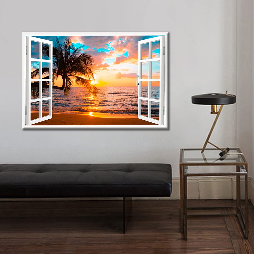 TISHIRON 3D Window Effect Coconut Palm Trees Beach Sunset Canvas Wall Art Painting for Bedroom Living Room Modern Framed Artworks Decorative Bathroom Kitchen Home Decor 16x24 inch - Image 4