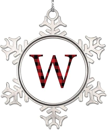 Vista 28 de Adornos de Navidad con letras rojas y negras a cuadros 2024, adornos de copo de nieve, monograma, letra inicial H, adorno para decoración de árbol