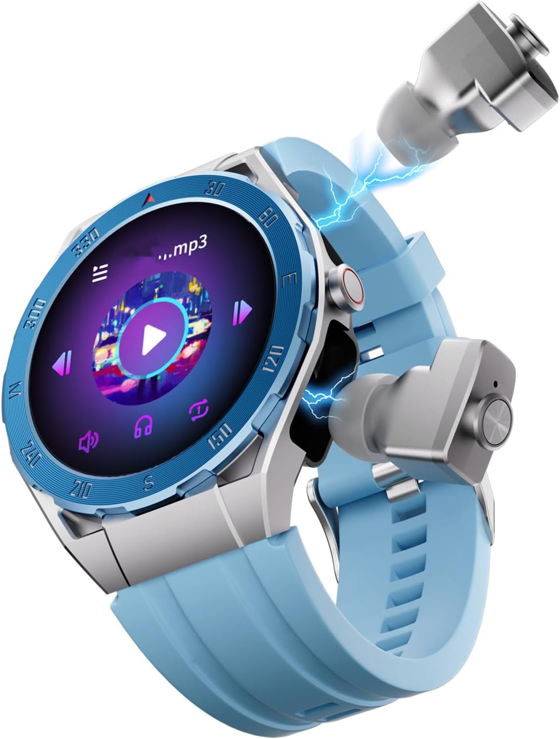 F33 Smart Watch with Earbuds 3 in 1 MP3 Bluetooth Headset 1.43 Inch Smartwatch Built-in Wireless Earbuds Speaker Round Fitness Tracker Body Health Monitor 512MB Memory Local Music Player (Blue)