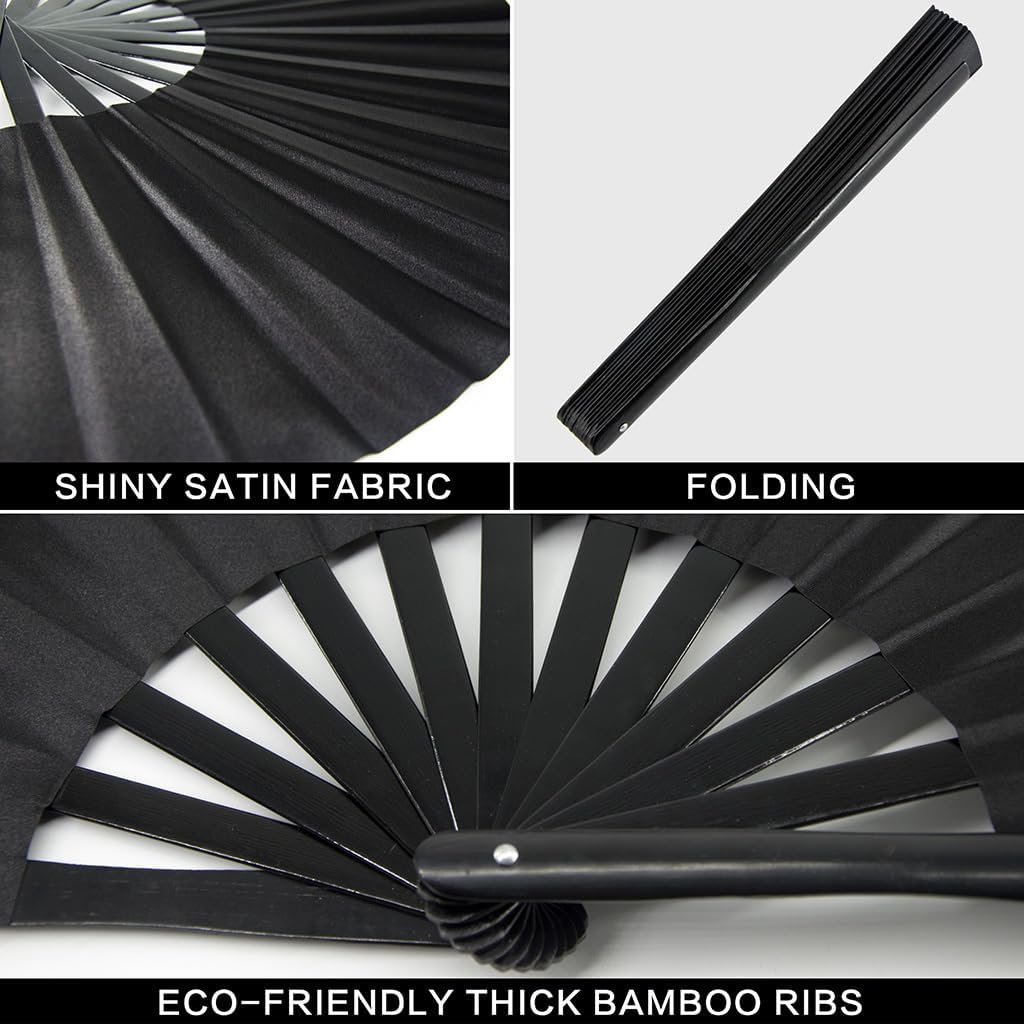 13" Large Rave Fan Bamboo, Folding Clack Hand Fans Foldable for Men Women, Poping Fan for EDM Festival Line Dance Decoration, (Black2, Large 13")