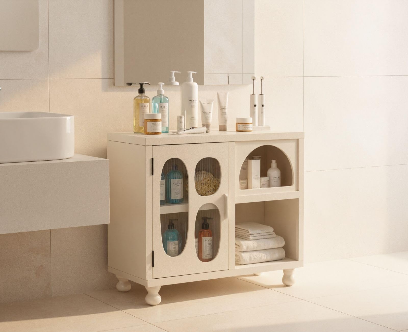 Ya-Home Meuble Bas de Rangement avec Compartiments Buffet Salle à Manger avec Porte en Verre Commode avec Pieds en Bois Massif, Blanc