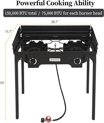 Miniatura 5 de Bonnlo Estufa de propano portátil de 2 quemadores para exteriores de 150.000 BTU a gas con parabrisas, quemador de patio fundido de hierro