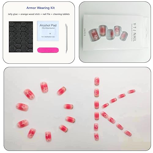 Miniatura 2 de Uñas postizas medianas de punta francesa verde, uñas postizas ovaladas de flores blancas, uñas postizas acrílicas brillantes, uñas artificiales de