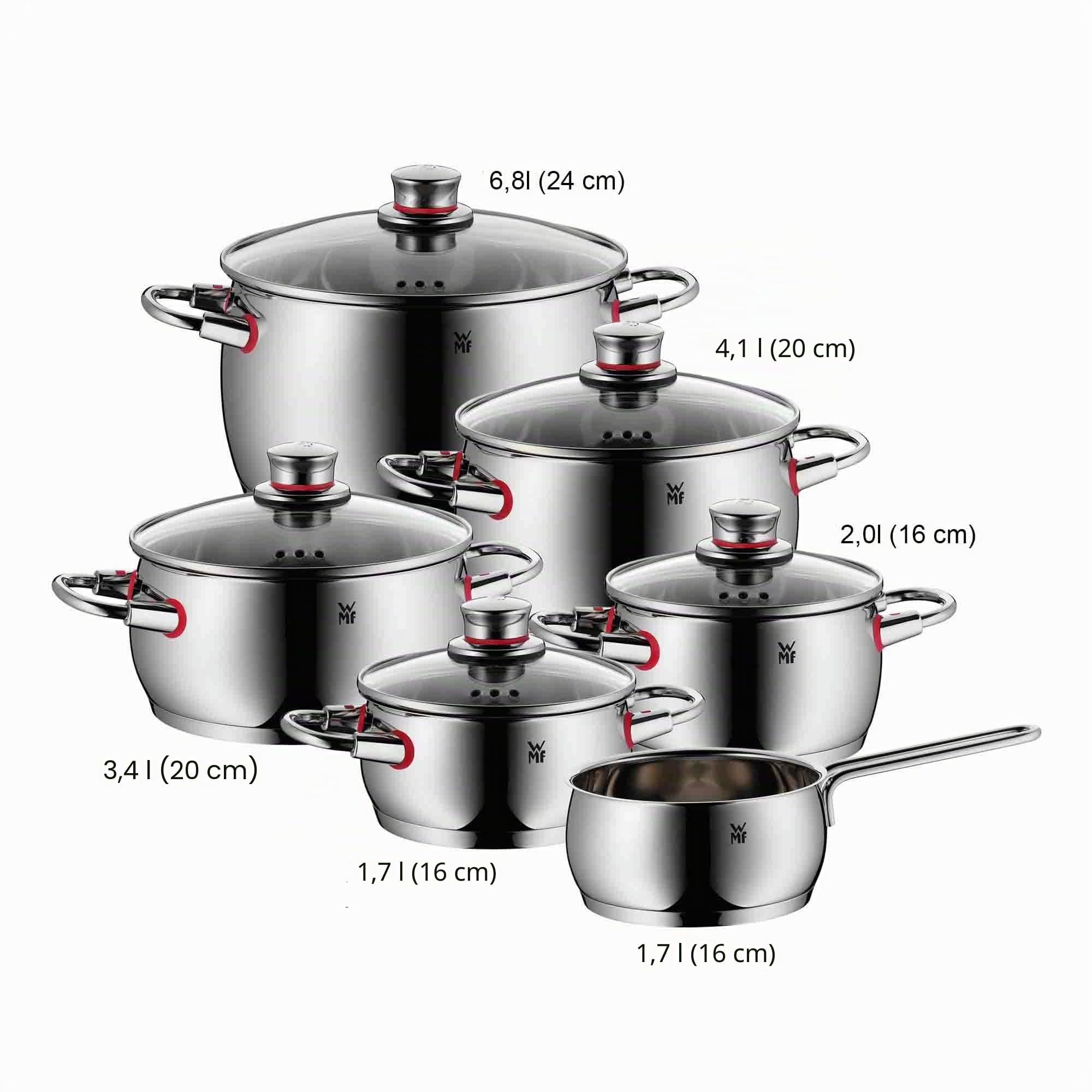 WMF Quality One Set di Pentole Induzione e Gas in Acciaio Inox 18/10 Cromargan, manici Cool+, 6 pezzi, Fondo Transtherm Triplo Strato, Batteria Pentole con 6 pentole e 5 coperchi