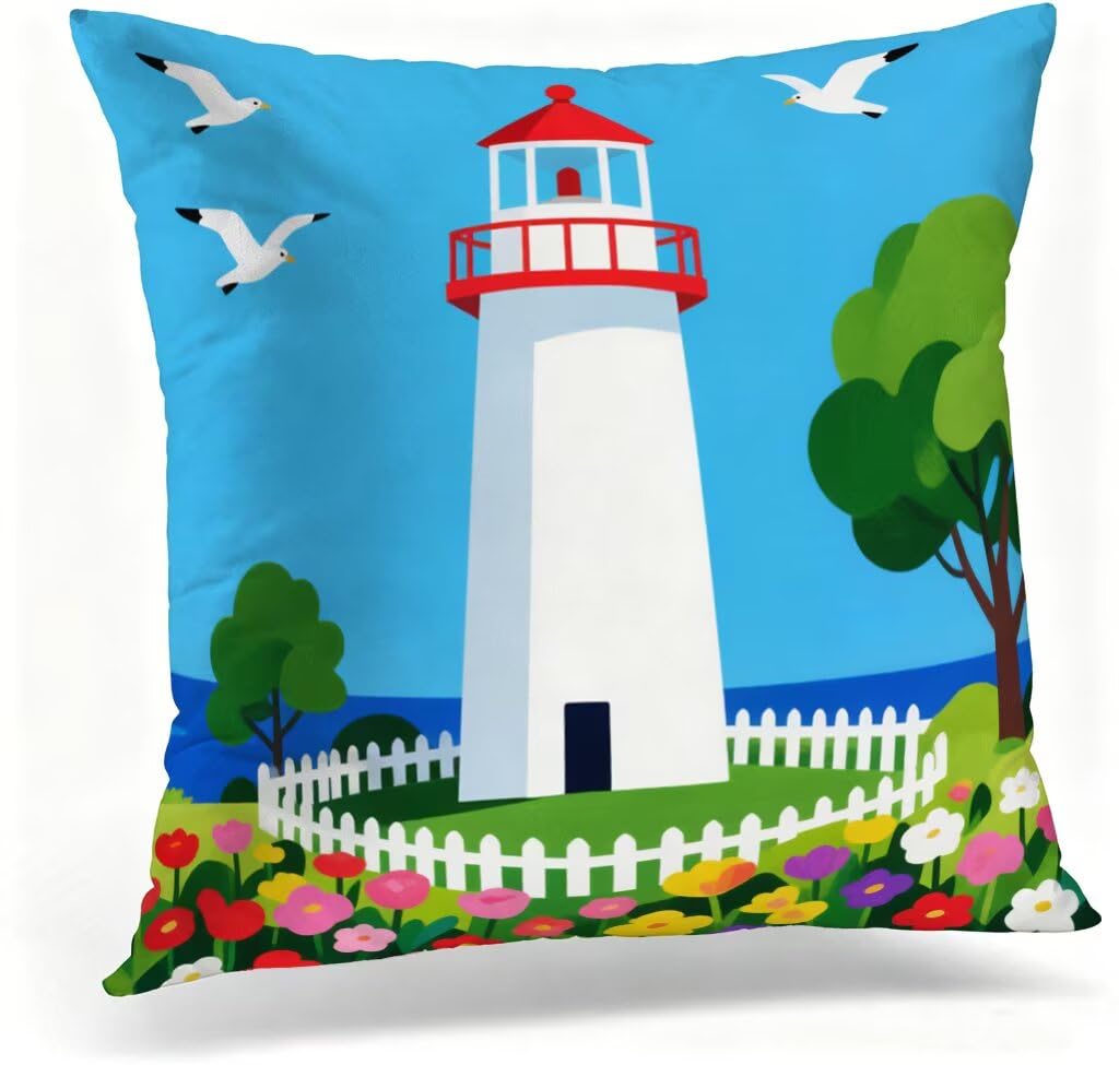 Coussin décoratif mouette et phare 80x80 cm en lin pour salon style bord de mer