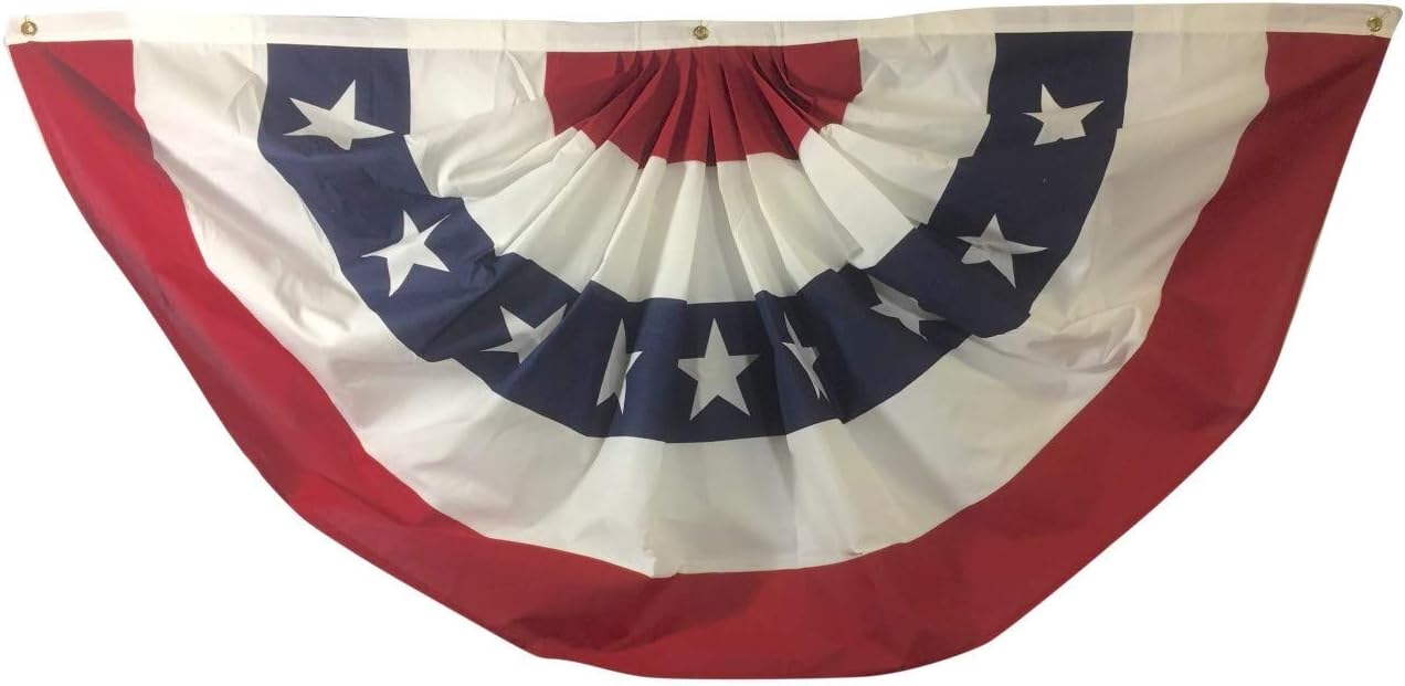 Gettysburg Flag Works 3x6' Patriotic Red White Blue Pleated Fan Decorative Bunting, for Outdoor Decoration Use, Made in USA (Cotton, red White Blue - with Stars)