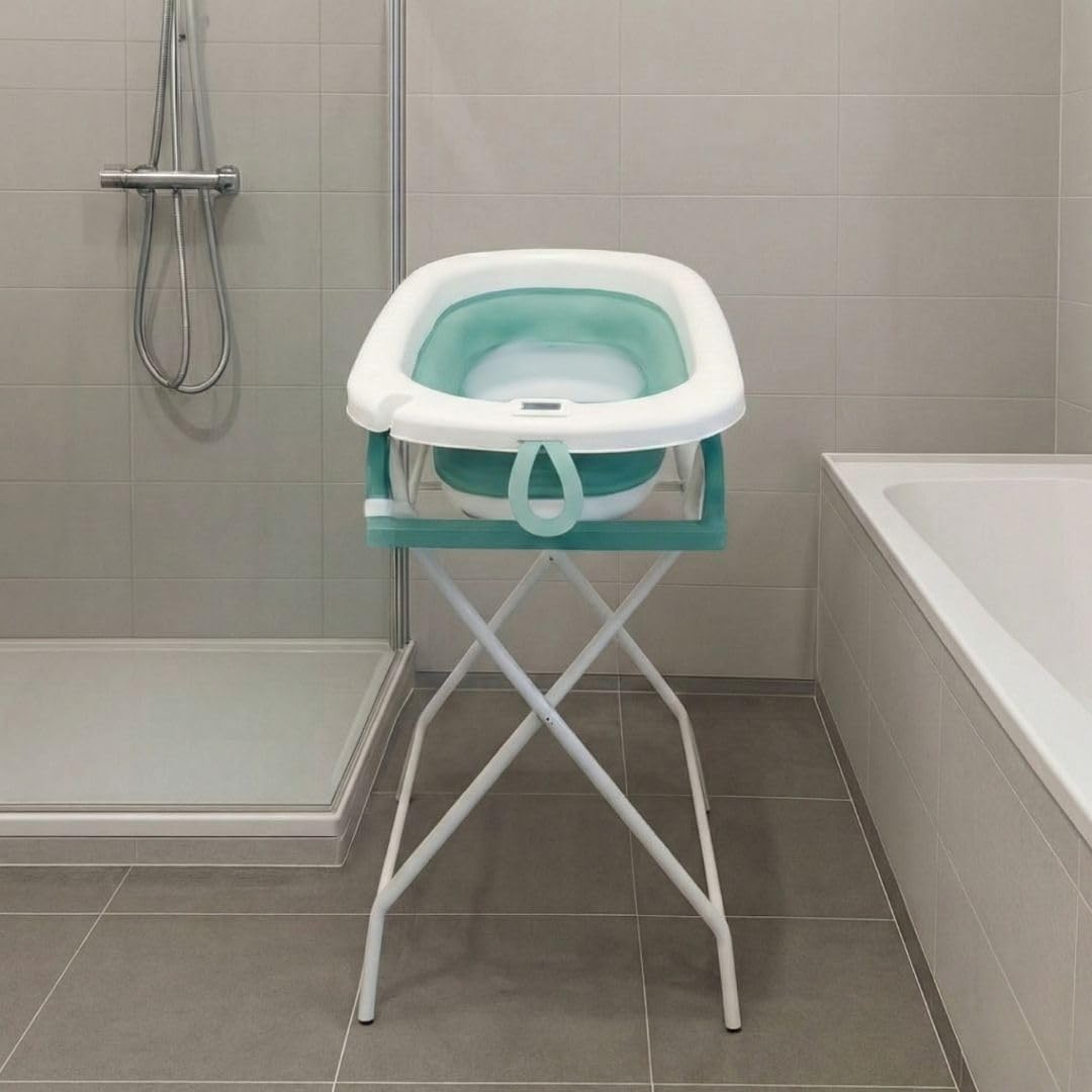 BAÑERA PLEGABLE PARA BEBÉ | Diseño Portátil y Plegable | Recién Nacido | Con Termómetro + Patas Antideslizantes + Tapón de Desagüe (Verde Soporte)