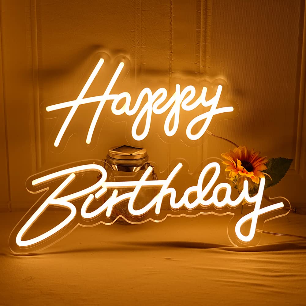 Letrero de neón de Feliz Cumpleaños de 3 pies, 2 luces LED regulables colgantes para fiestas para decoración de fondo de fiesta de cumpleaños (cálido, 20 pulgadas Feliz Cumpleaños)