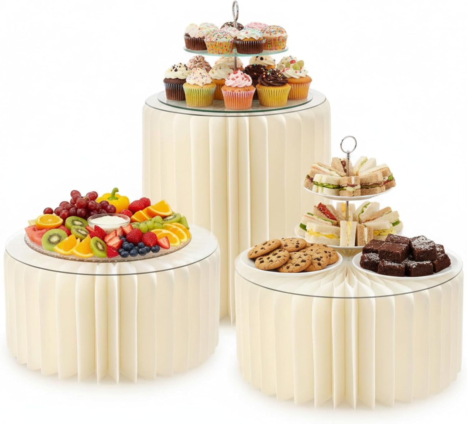 Buffet Risers for Party, Shape&Use 3PCS Round Cream White Cake Stands, Foldable Pedestal Dessert Table Risers for Wedding, Birthday, Anniversary Decor, 11.8in Dia. (15.7/7.9/7.9in H) with Storage Bag