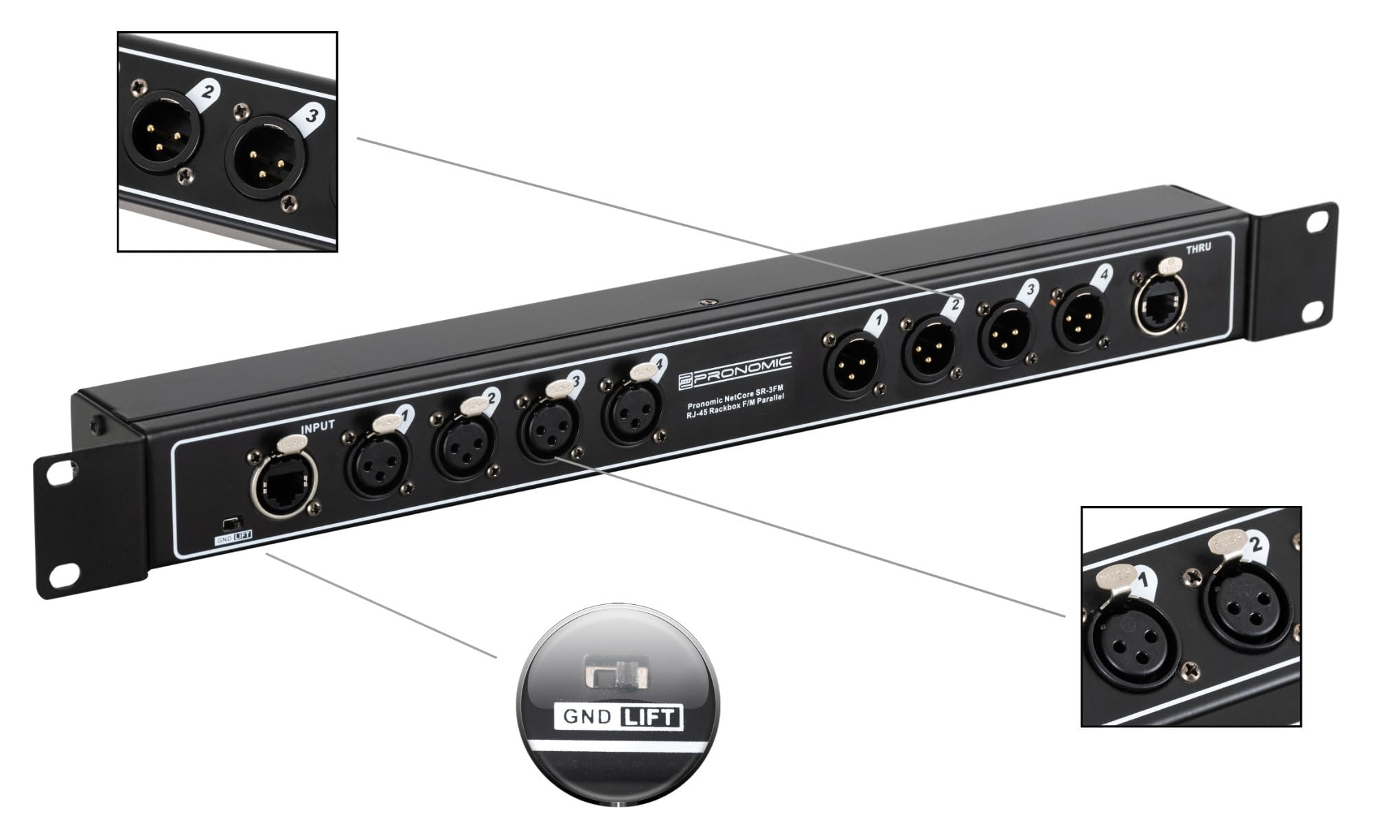 Pronomic NetCore SR-3FM Multicore-Rackbox F/M Parallel - unità rack con 4 prese XLR (female), 4 prese XLR (male) e 2 prese RJ45 - per la trasmissione di segnali analogici o digitali