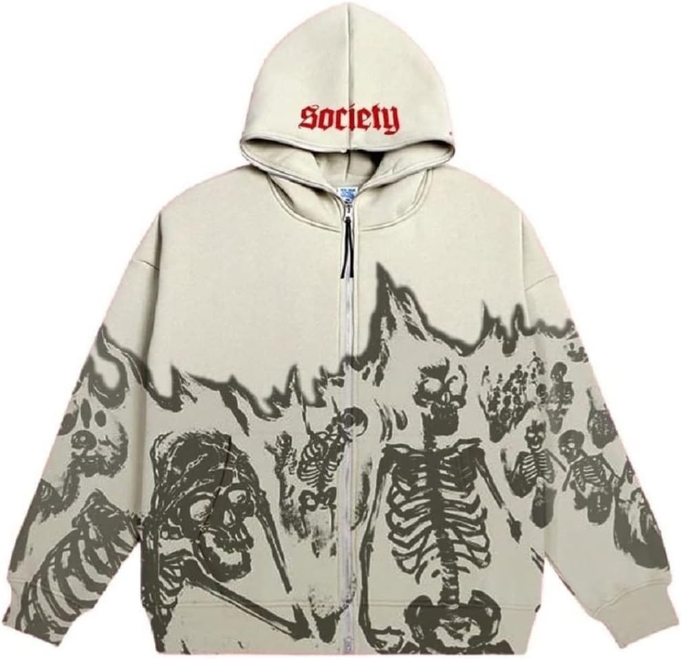 COOLMONAR Women Y2K Zip Up Skull Skeleton Printing Grunge Hoodie Fairycore Jackets Gothic Alt Retro Harajuku Aesthetic Skeleton-beige