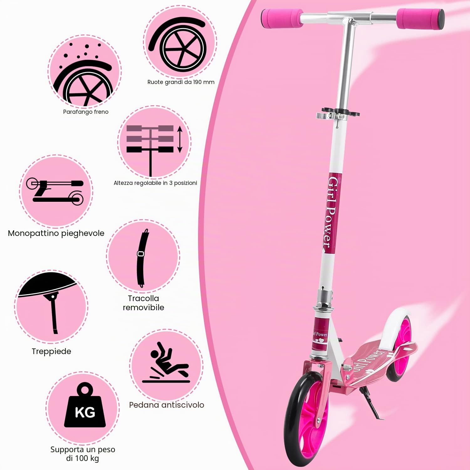 Monopattino per bambini, regolabile in altezza per 5 anni, monopattino per bambini con ruote da 190 cm, pieghevole con tracolla