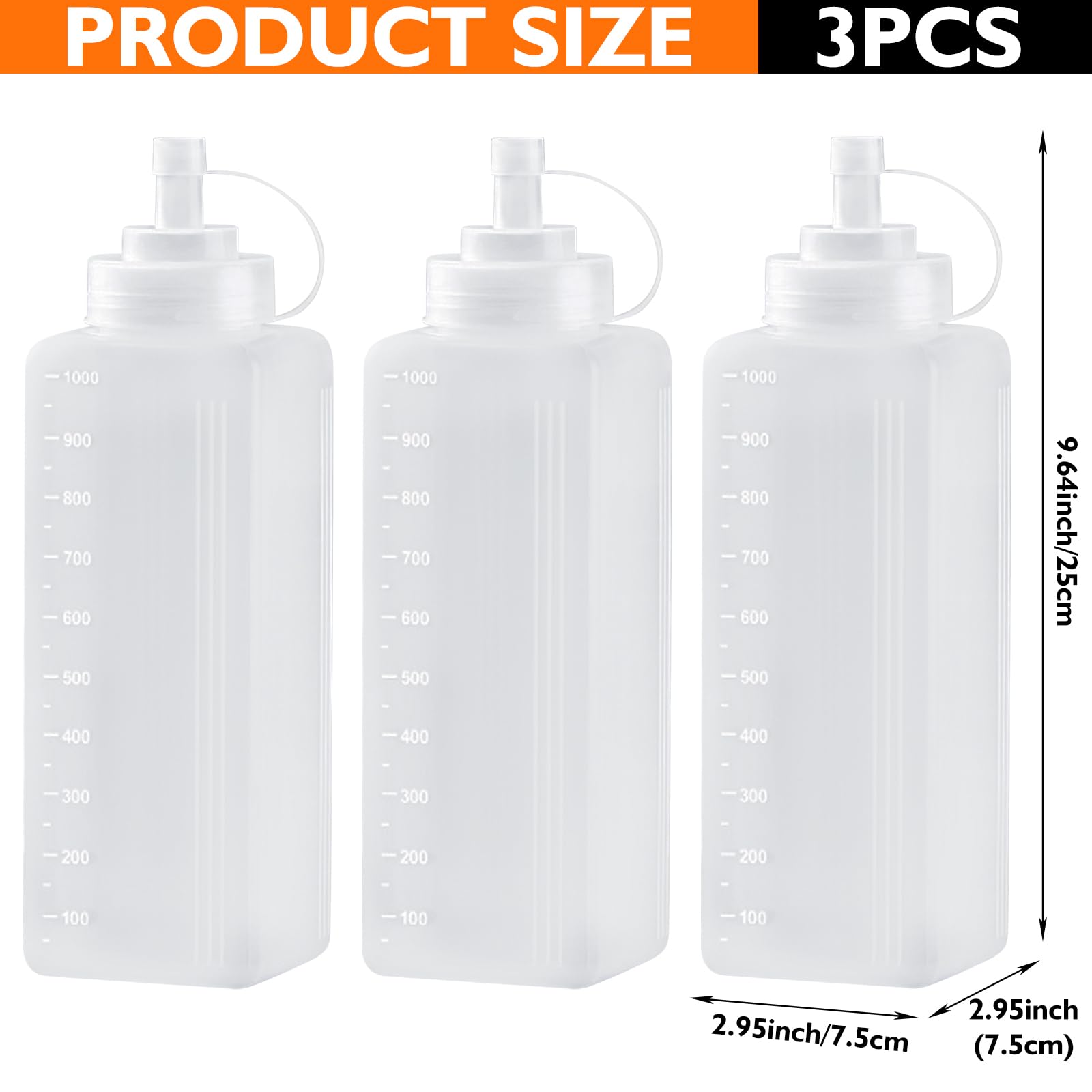 3 Piezas Botella de Salsa: 1000 ML Bote Plastico para Salsas, Squeeze Bottle, Condimento Botellas, Botella de Ketchup, Transparente Condimento Botellas para Condimentos, Mayonesa, Mostaza