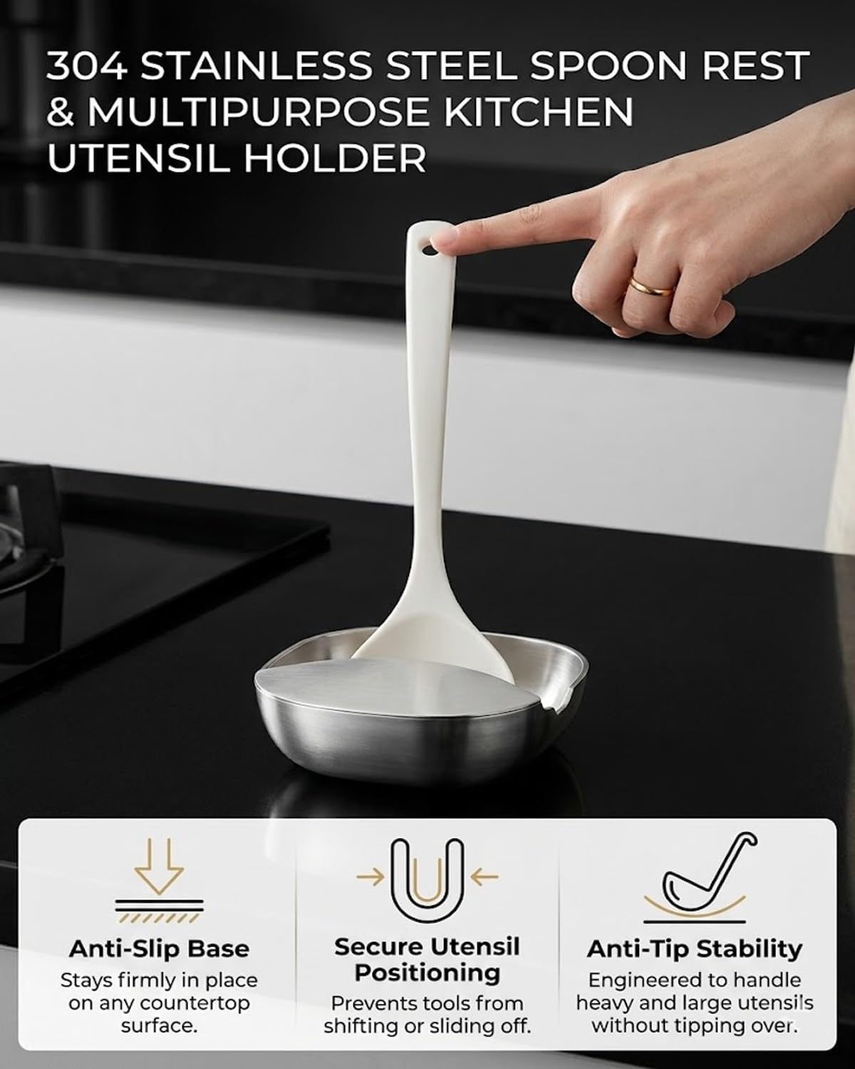 304 Stainless Steel Spoon Rest & Multipurpose Kitchen Utensil Holder, 2026 New Thickened Large Rests Ladle Spatula Holders Countertop for Stove Top, Dining Table, Dishwasher Safe(2pcs)