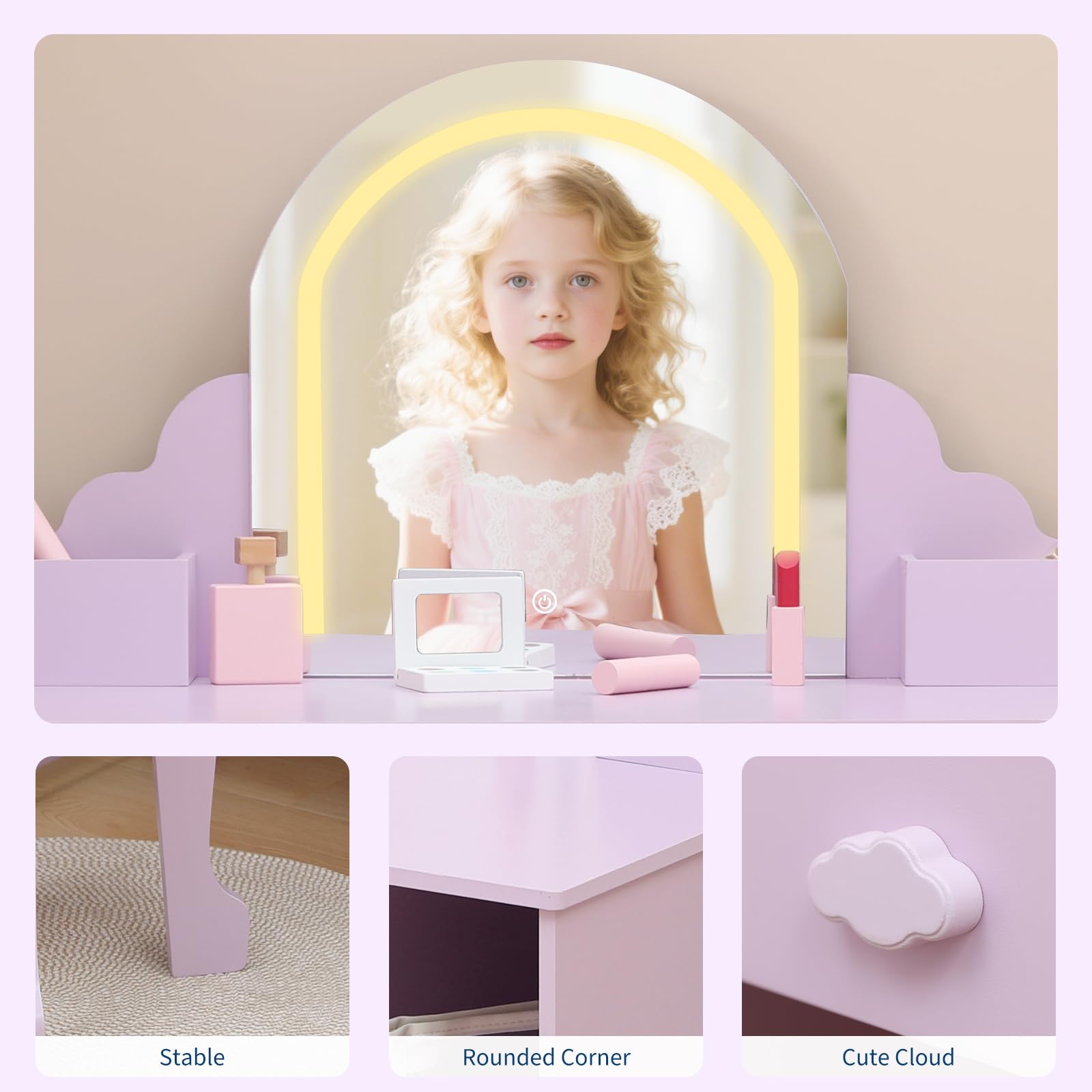 Garvee Kinder-Kosmetiktisch Mit Beleuchtungsspiegel & Hocker – Schminktisch Für Kleine Mädchen Inklusive Holz-Kosmetikset, Verstellbarer LED-Beleuchtung, Für Mädchen Von 3-9 Jahren