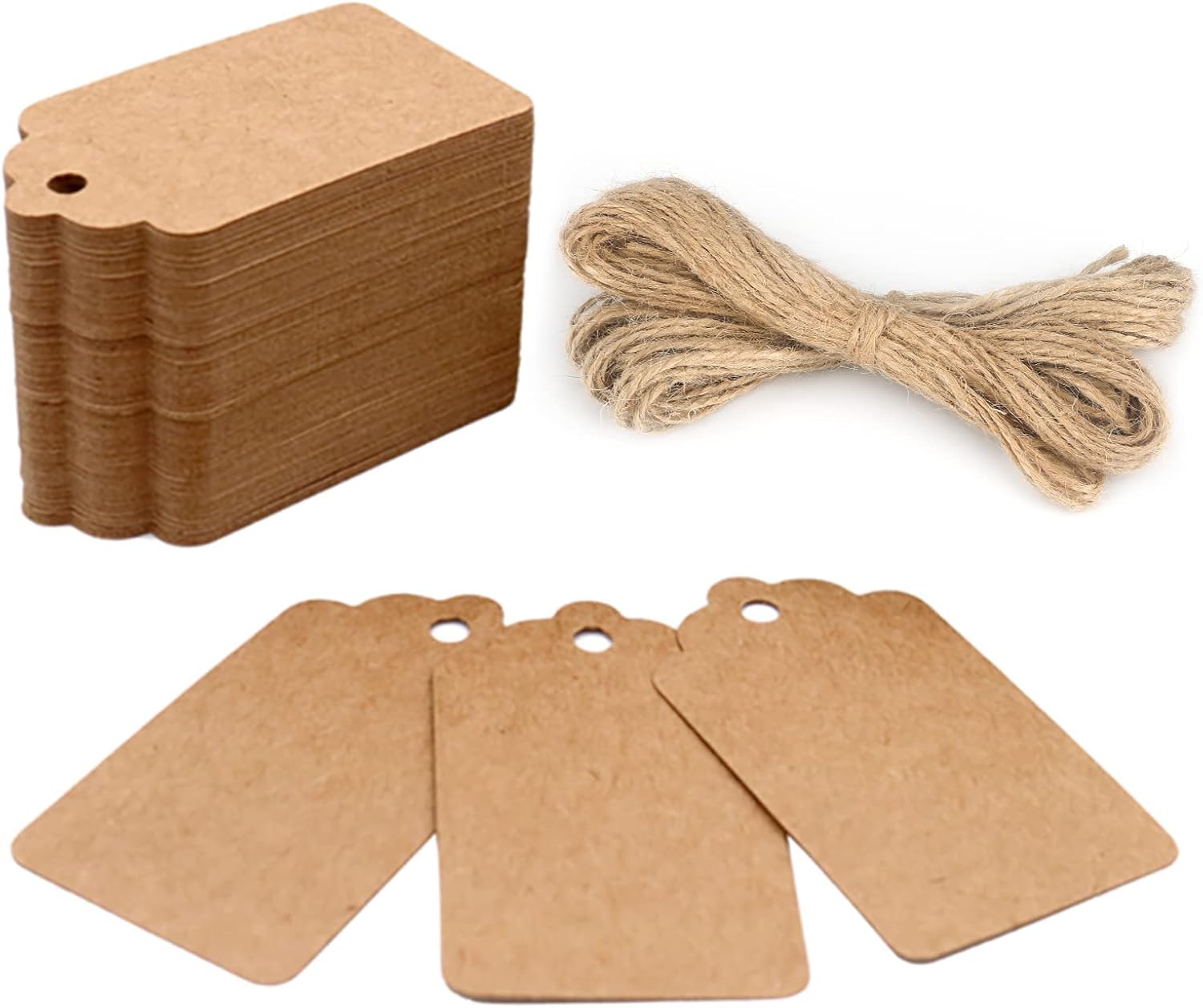 G2PLUS 100PCS Kraft Paper Blank Gift Tags with 66ft Twine String, 2.8x1.6in Writable Hanging Labels for Gifts, Crafts, Holidays