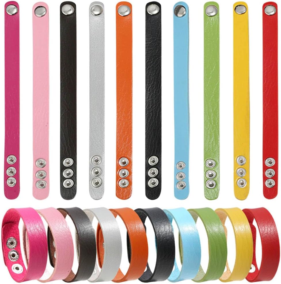 20 Pack Faux Leather Bracelet Blank Snap Bracelets Colorful Adjustable Plain PU-Leather Wrist Cuffs for Men Women DIY Craft Wristbands