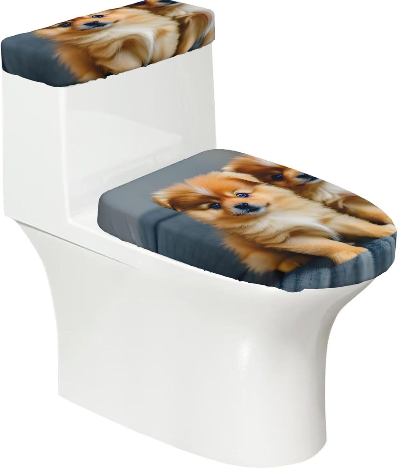 2 Pcs Pomeranians Puppies And Point Print Toilet Lid Cover And Toilet Tank Lid Cover Set, Soft Stretchable Bathroom Covers, Fits Round And Elongated Toilet Seats, Washable And Decorative