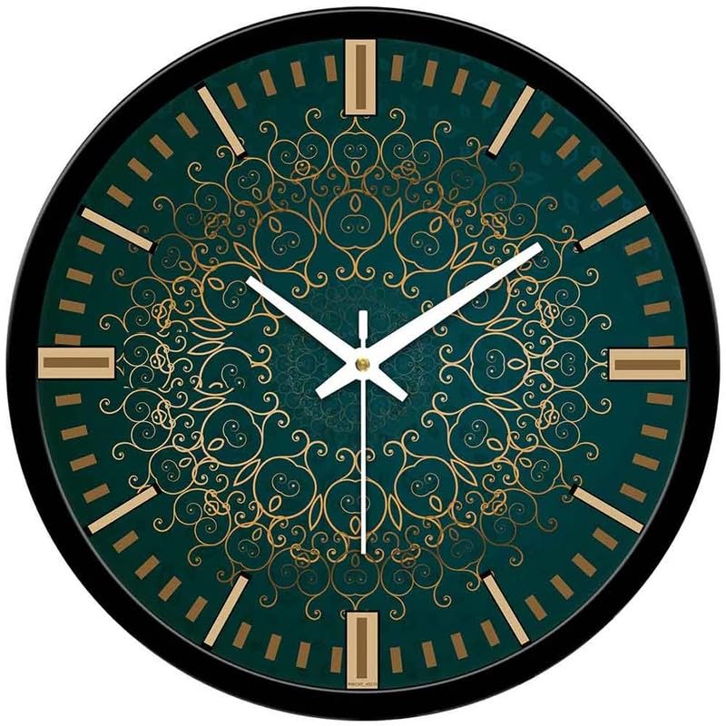 Image of Harsha Craft & Creations Decorative Designer and Stylish Glass Analog Wall Clock Suitalbe for Living Room Hall Bedroom, Office 01 (Emerald Gold Filigree)