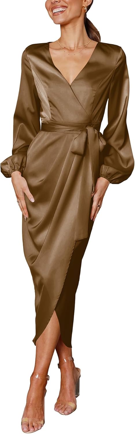 Cosonsen Women's Long Sleeve V-Neck Tie Waist Split Formal Cocktail Wedding Guest Dresses - Image 5