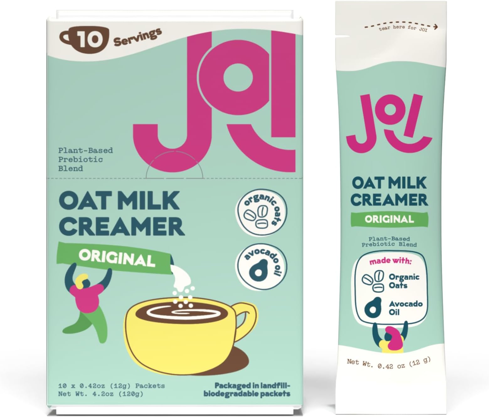 Oat Milk Coffee Creamer, Sweetened 10ct Carton by JOI - Superfood, Vegan, Dairy Free, Plant Based, Kosher, Shelf-Stable, Barista, Fortified with Calcium. Use in Coffee or Protein Shakes. Single Serve.