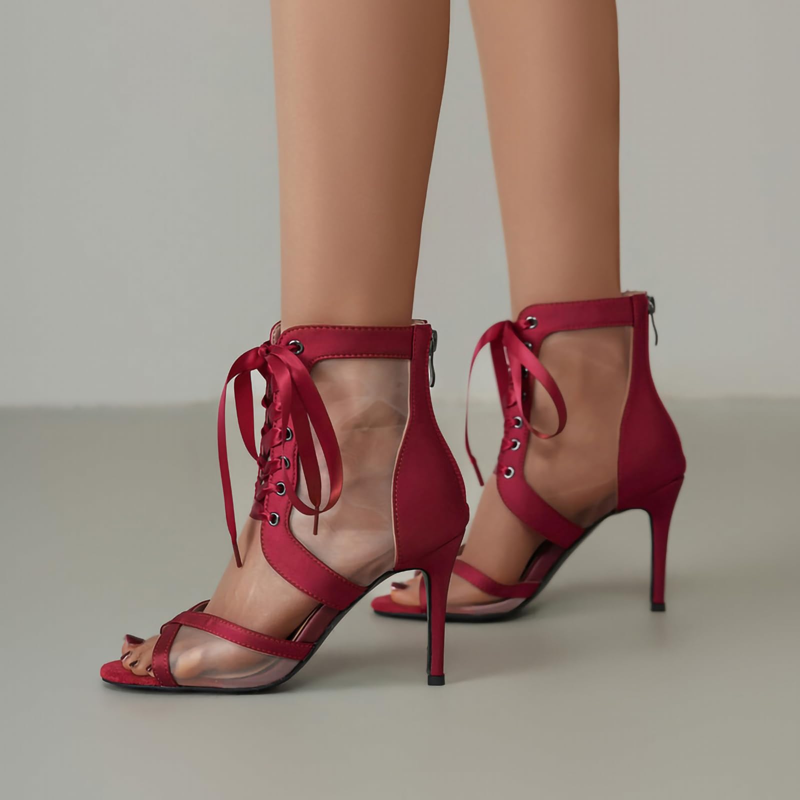 SWDZM Stivali da Ballo Latino Donna Raso Rete Lacci a Nastro | Tomaia in ecopelle morbida ed elastica con punta aperta,pratica cerniera posteriore,suola in pelle scamosciata,tacco da 6 cm