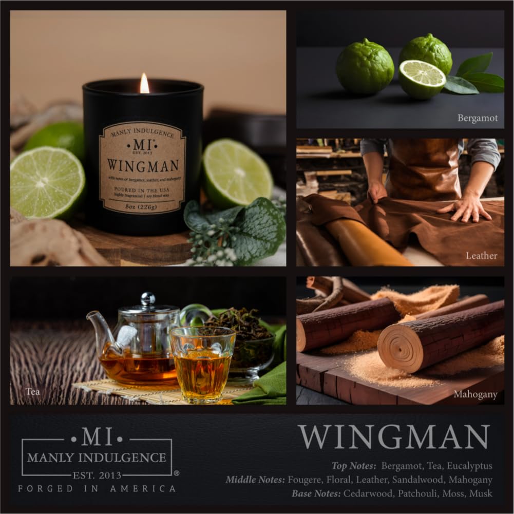 Manly Indulgence Świece zapachowe w słoiku dla mężczyzn | Wingman - bergamotka, skóra i mahoń | mocny, męski zapach | kolekcja Classic+ z eleganckim pudełkiem upominkowym | kute w Ameryce | nowość w