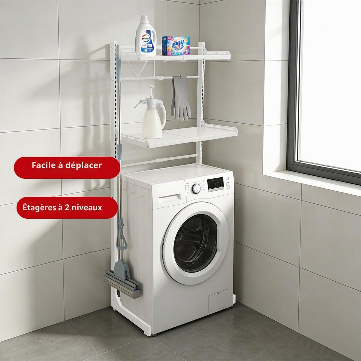 Meuble Machine à Laver,Meuble Dessus WC, Étagère de Rangement pour Lave-Linge et sèche-Linge à 2 Niveaux, étagères réglables, pour Gagner de la Place,Organisation de la buanderie,40x160x35-60cm