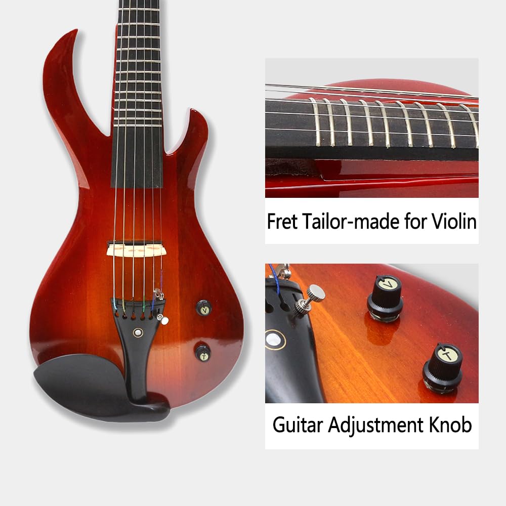 Violino Elettrico in Legno massello 4/4, Stile Chitarra, Rosso-Arancio, con Tasti per Principianti e Professionisti, Include Custodia e Accessori (01) (1)