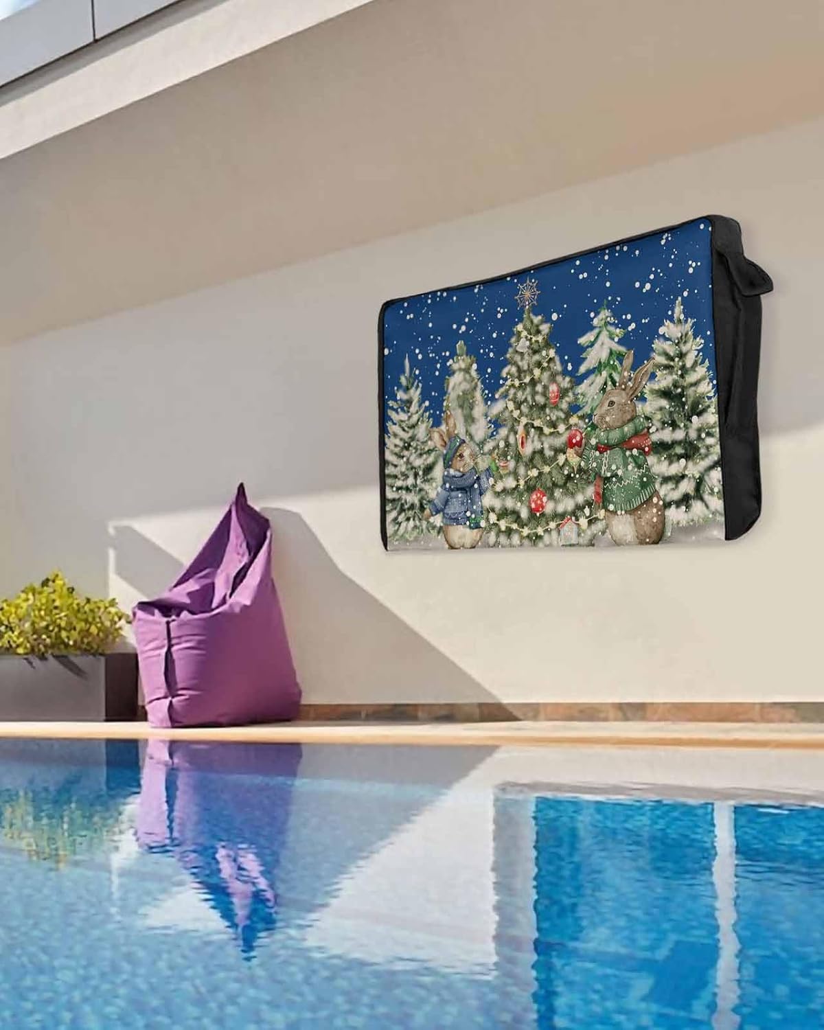 Christmas Bunny Outdoor TV Cover 60"-65" - 600D Waterproof TV Cover Weatherproof TV Screen Protector Dustproof Winter Xmas Tree Snow Blue TV Display Protector for Outside Flat Screen TV