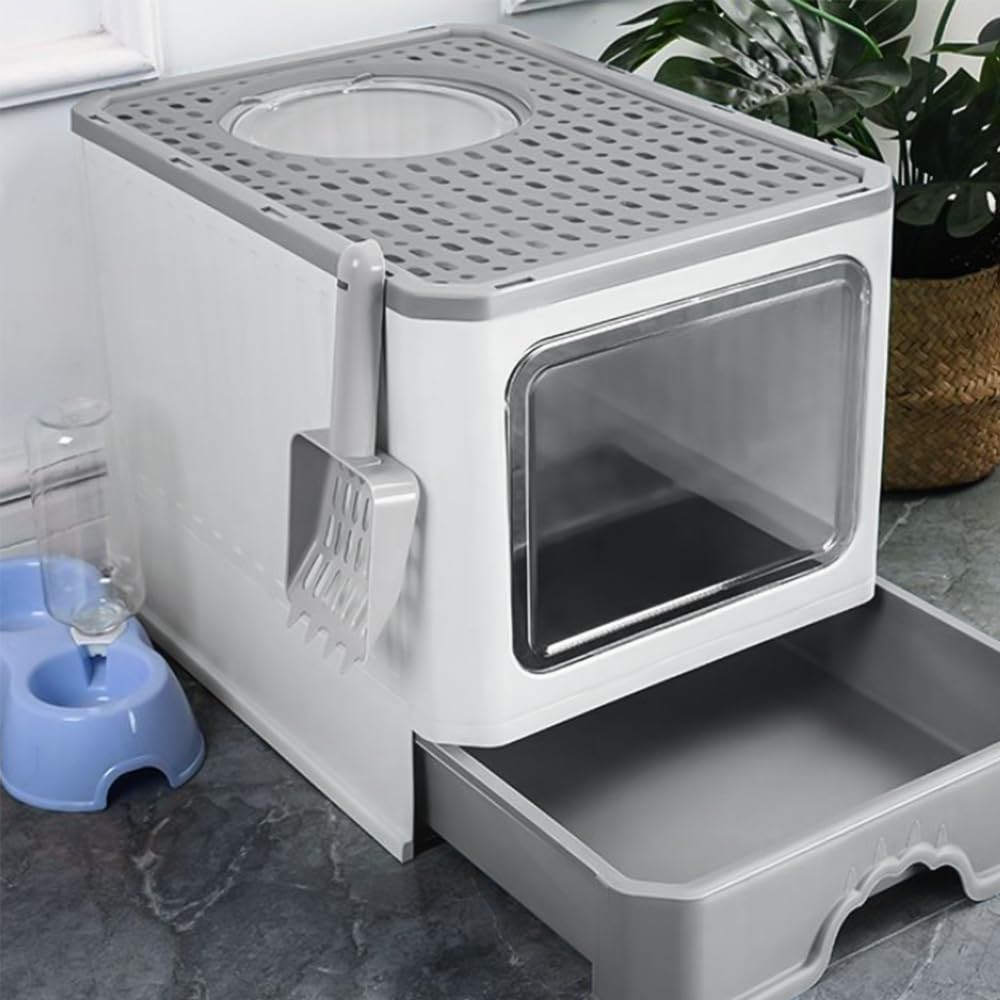 Bac à litière pour Chat Maison de Toilette fermé Pliable Double Porte battante et supérieure + Pelle + tiroir à litière Nettoyage Facile Avant et entrée par Le Haut (50 * 35 * 38CM-Gris)