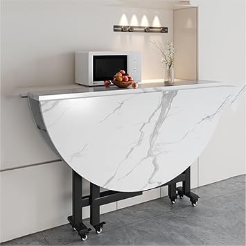 Space Saving Folding Dining Table, Versatile Table with 6 Wheels, Collapsible Drop Leaf Kitchen Tables, Large Movable Office Desk for Farmhouse Restaurant HomeWhite,140cm