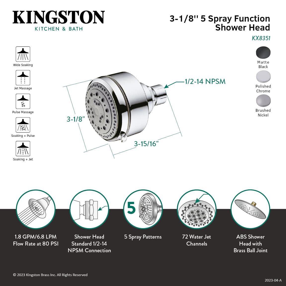 Kingston Brass KX8358 Cabezal de Ducha de 4 Pulgadas con 5 Funciones, Níquel Cepillado