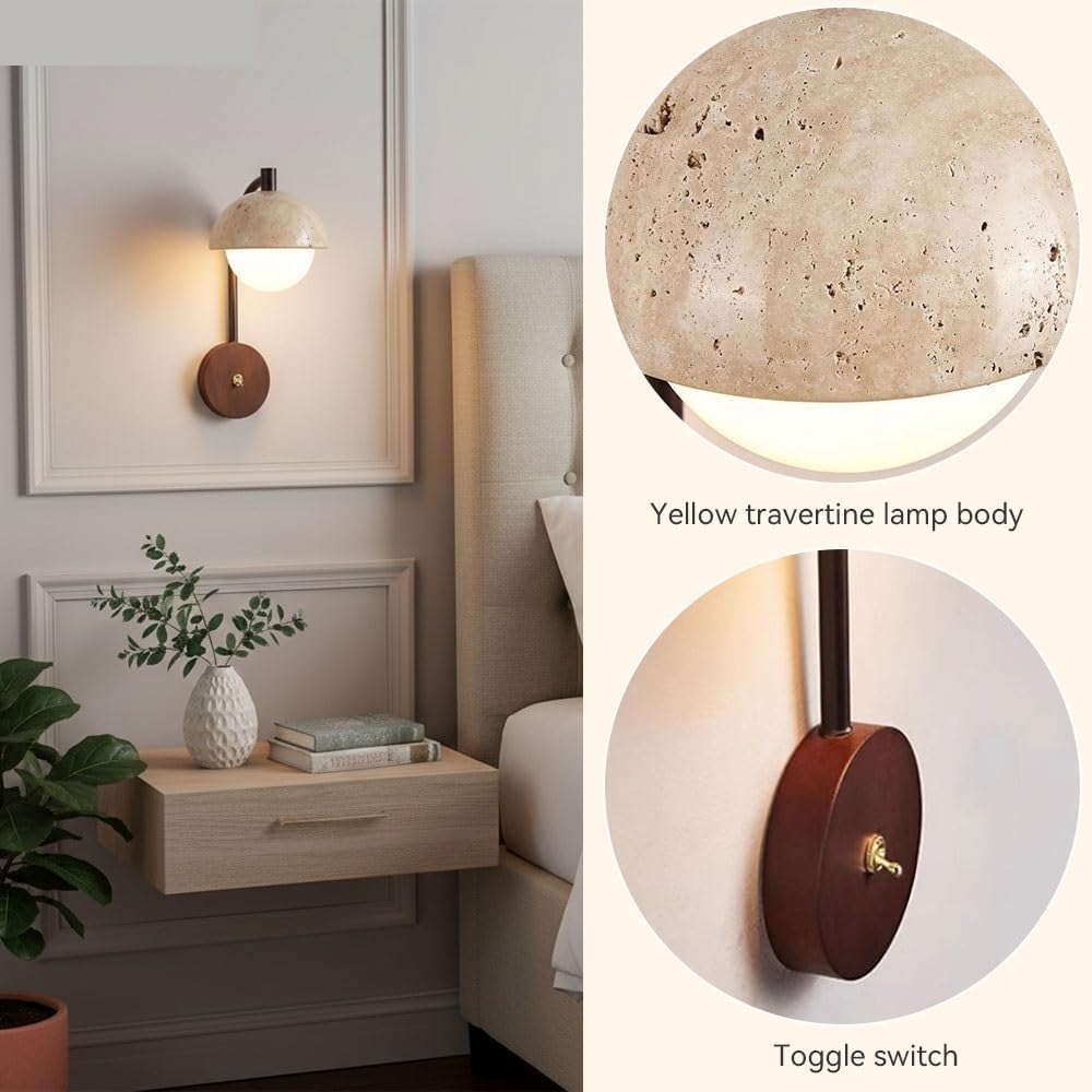 Travertine Wall Sconce, Beige Stone Globe Light, Walnut Wood Base with, Japandi Indoor Reading Light for Bedroom, Living Room, Hallway, Bedside, Entryway, Foyer Decor Parlor