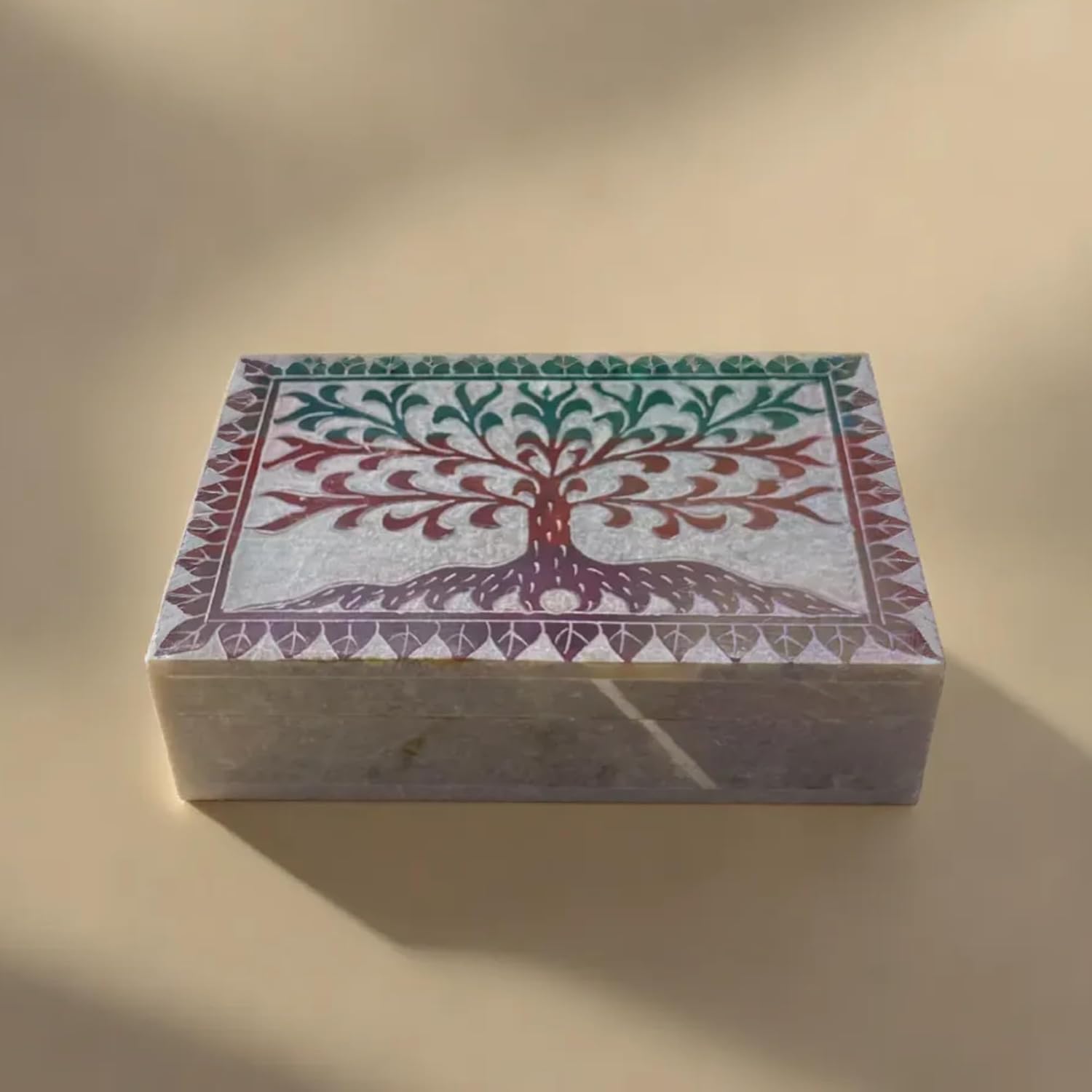 Hand Carved Marble Soapstone Square Shape Jewellery Box | Storage Organizer | Decorative Trinket Ornament Holder. (Multicolor, Length 6 Inch x Width 4 Inch x Height 1.75 Inch)