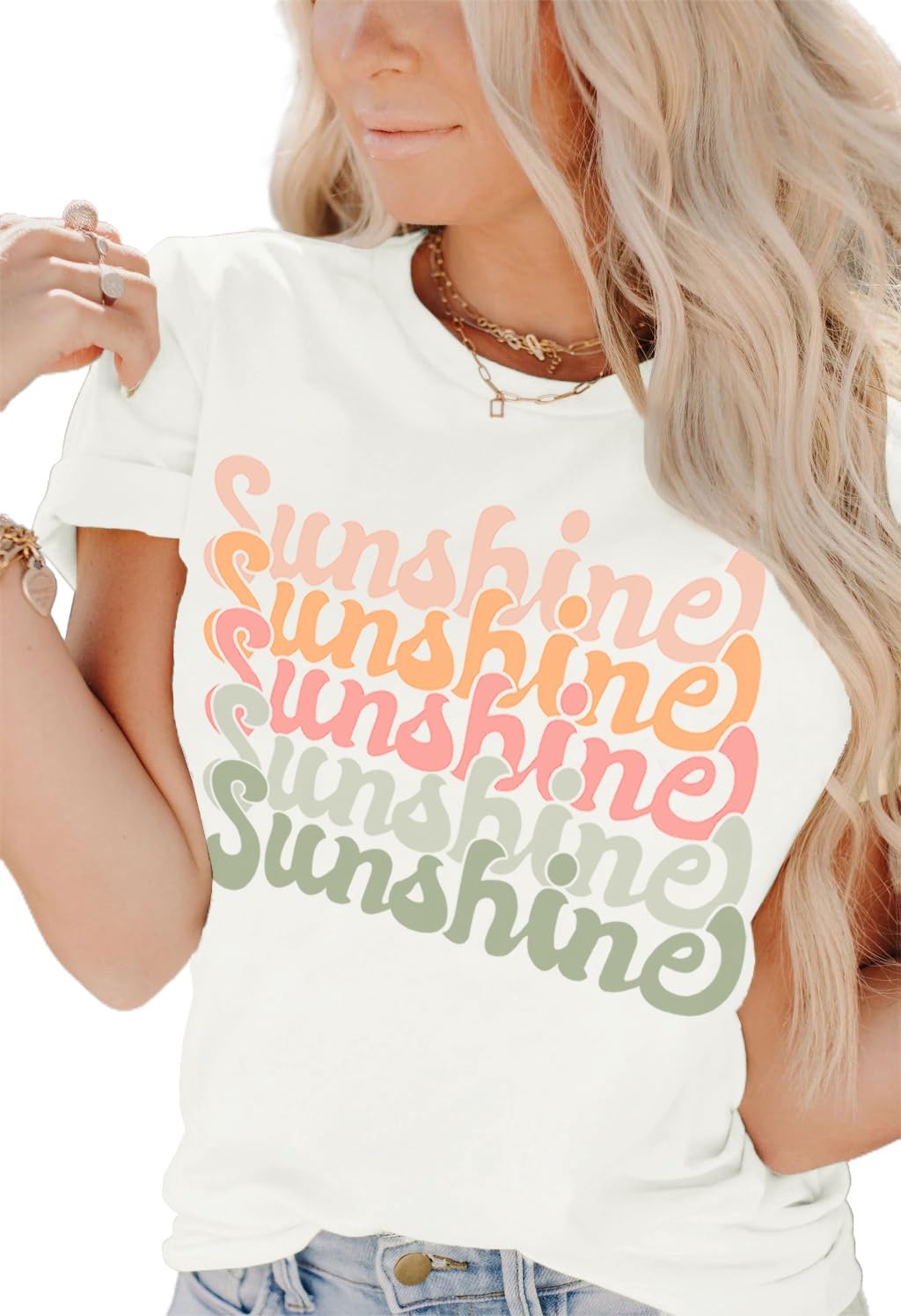 Womens Funny Letters Print T Shirts Short Sleeve Shirts Cute Sunshine Graphic Tees Summer Casual Loose Tops