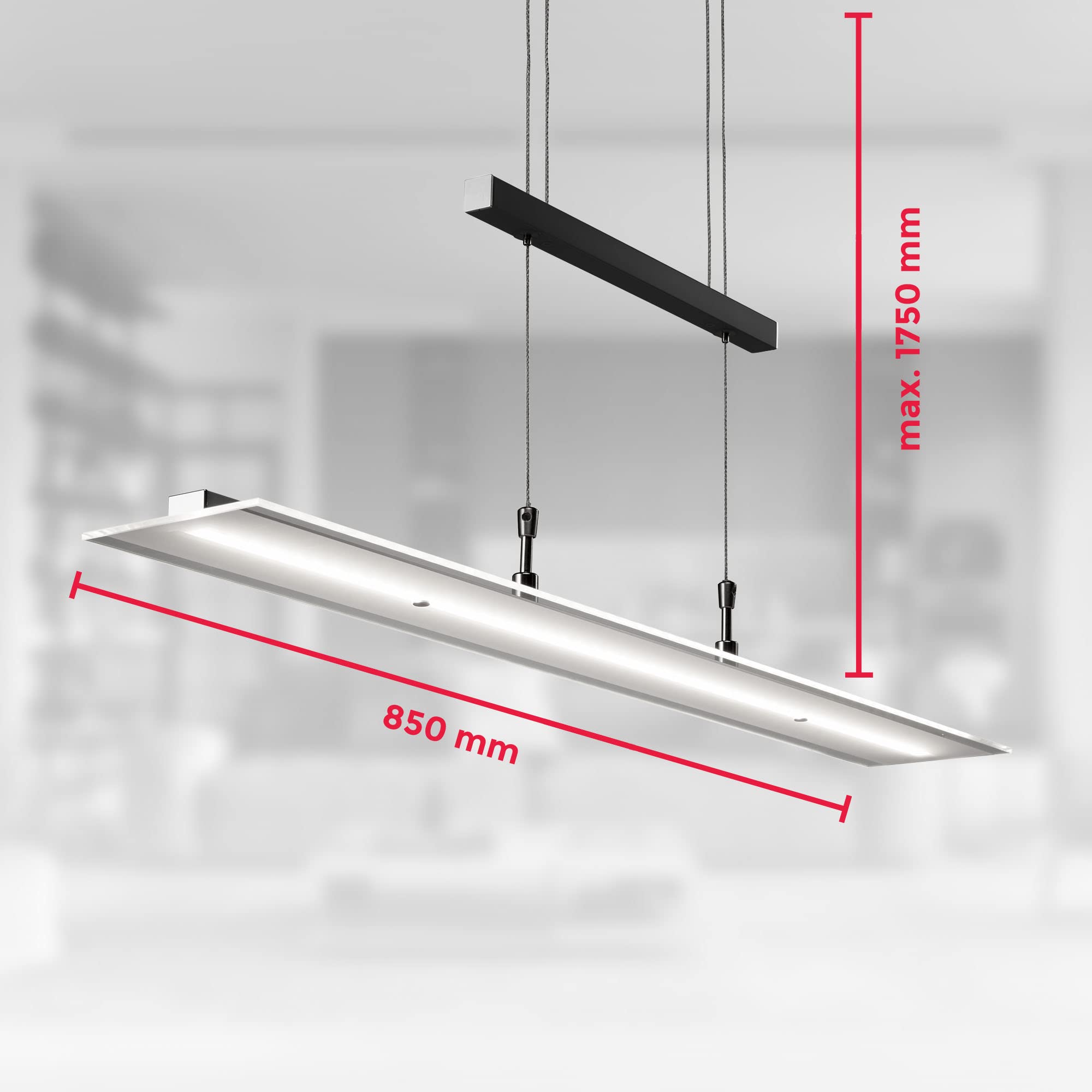B.K.Licht Lámpara LED de techo colgante de metal y cristal auténtico, altura y luminosidad regulables, 20 W, 1600 lm, 3000 K, índice de protección IP20, color negro