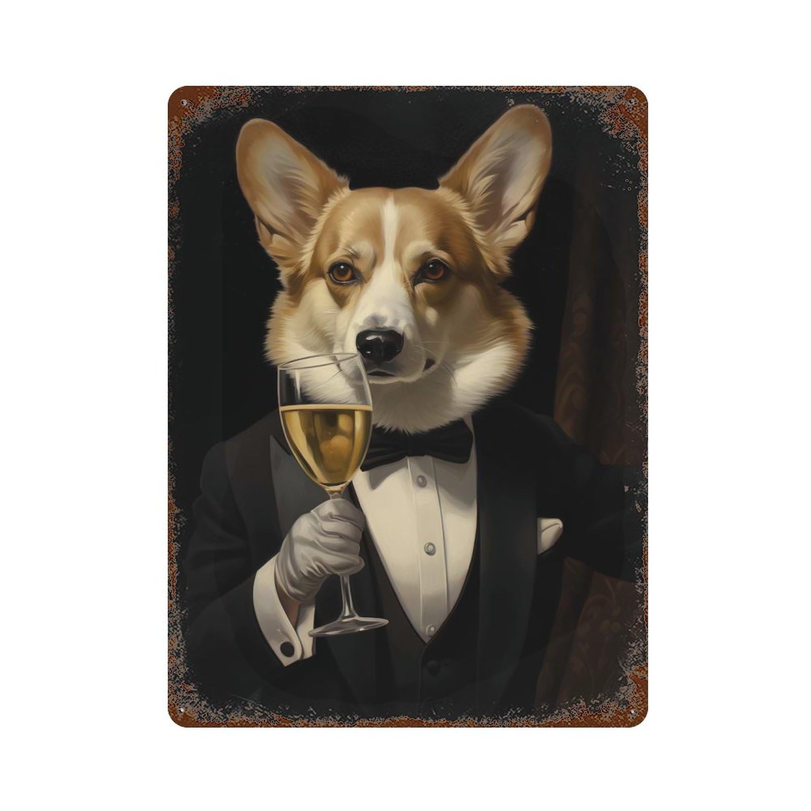 Corgi Dog with Tuxedo Distressed Metal Wall Sign 15.7"x11.8", Ideal for Garage, Bar And Workshop Decor