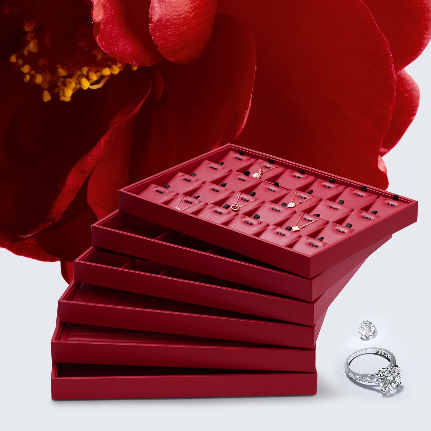Oirlv Magnifique plateau à bijoux en cuir rouge empilable pour présentation de bijoux