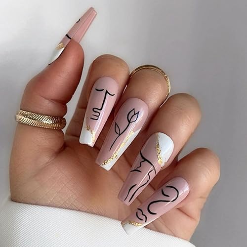 Uñas postizas de longitud media, uñas postizas acrílicas artificiales para mujer, 24 piezas de cobertura completa, reutilizables, diseño abstracto
