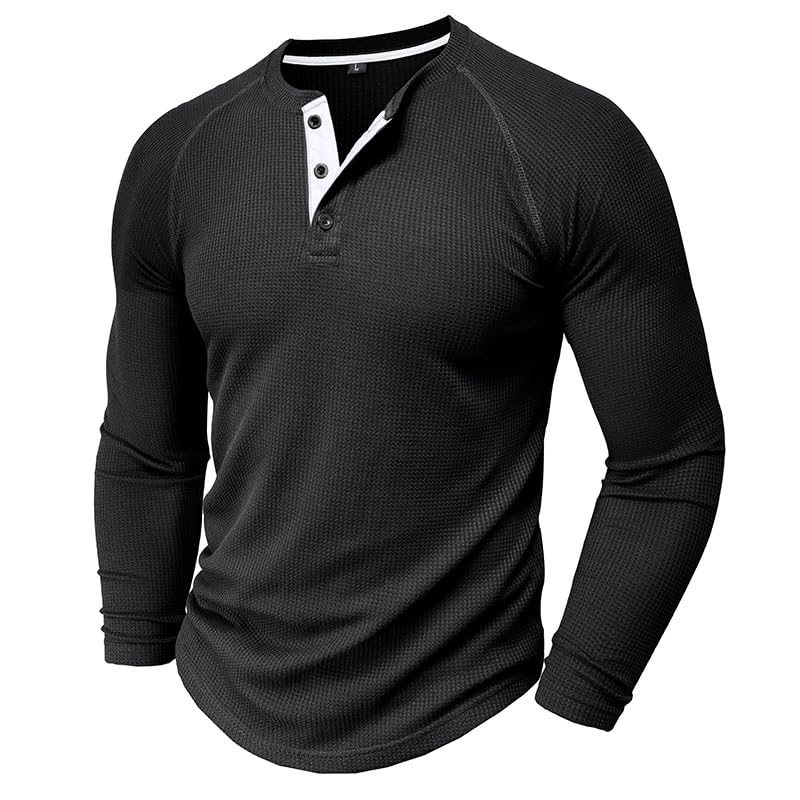 Men's Round Neck Waffle Long Sleeve Casual Henley Bottom T Shirt Fashion Pullover 3-Button Sweatershirt Basic3