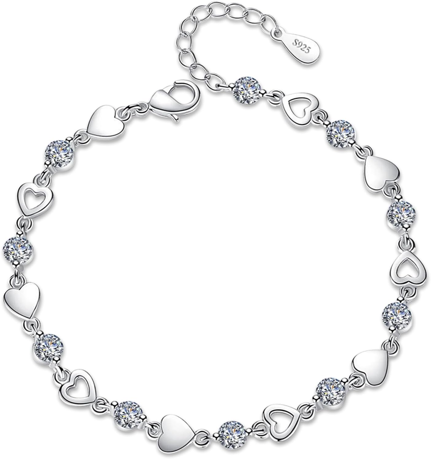 Sterling Silver 925 Love Heart Bracelet - Shiny Crystal Diamond Adjustable Charm Bracelet for Women & Girls