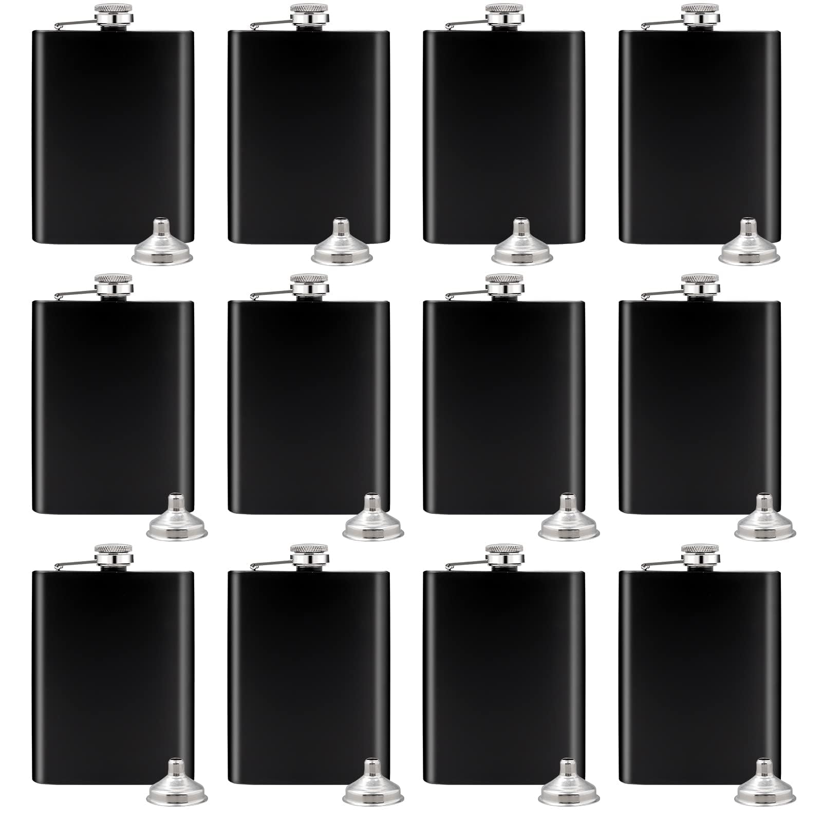 Lot de 12 Flasques à Alcool en Acier Inoxydable, 220 ml / 8 oz,Flasque de Poche Noir Mat avec Entonnoir,Design Anti-fuite et Portable pour Whisky et Spiritueux,Idéal pour Camping et Cadeaux