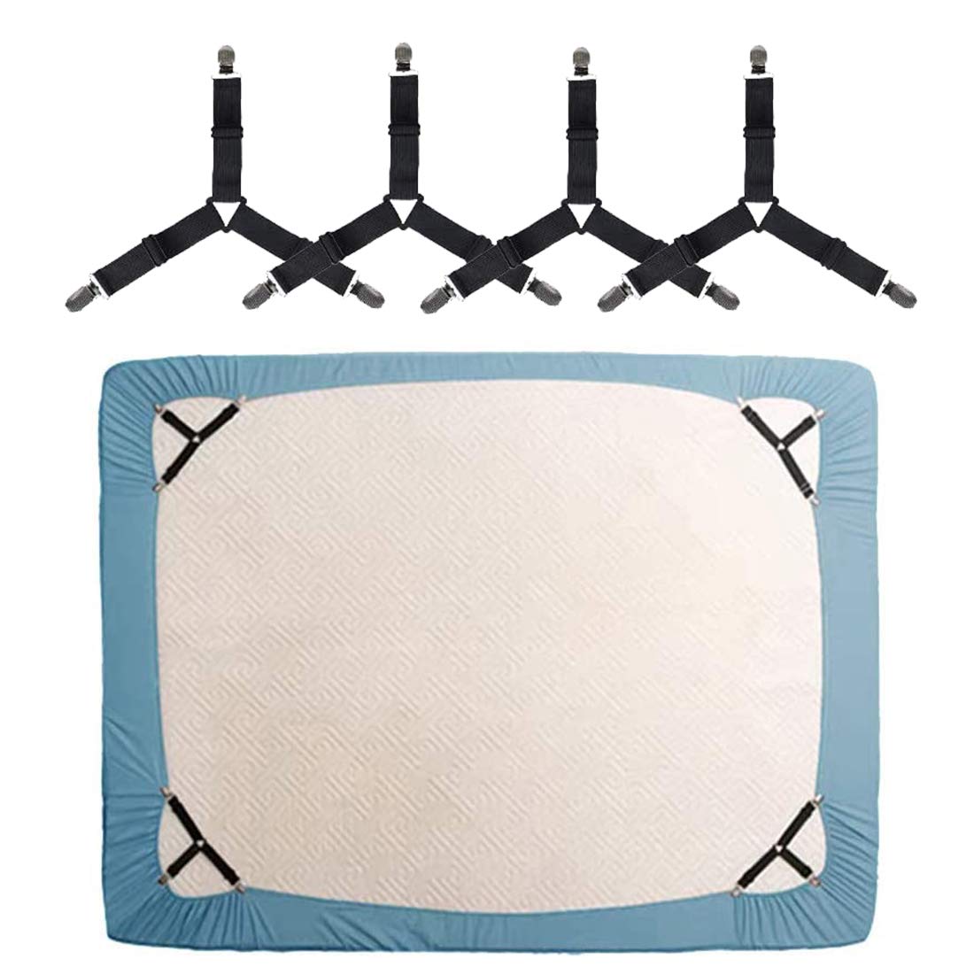 KALLC Bed Sheet Holder Straps, 4 Pack Adjustable Triangle Elastic Mattress Sheet Clips Mattress Cover Holder Fasteners Bed Sheet Fasteners Heavy Duty Grippers Clips Keeping Sheets Place for Bedding