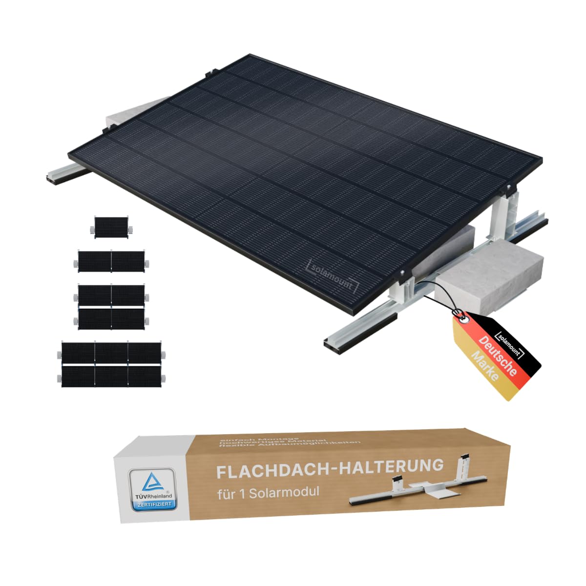 PV Flachdach Halterung ohne Bohren | Für 1 Modul | Silber | Flachdach oder Bodenmontage | Einfache Montage