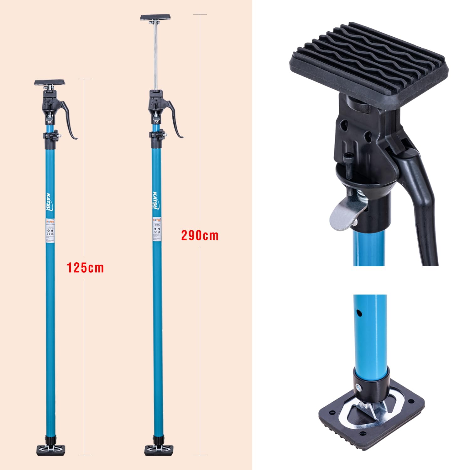 KATSU Tools - Soporte telescópico de techo (2 unidades, 125-290 cm, acero, ajuste rápido, capacidad de carga de 40 kg) para colocar, sujetar y fijar placas de yeso.